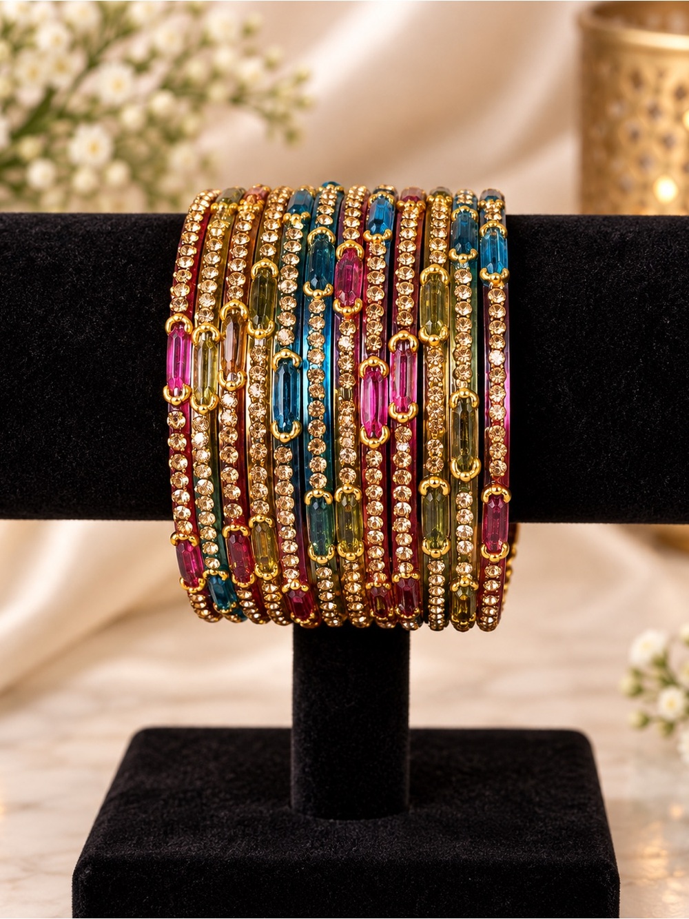Gold Multi-Color Crystal Bangle Bracelet Set - Women Jewelry